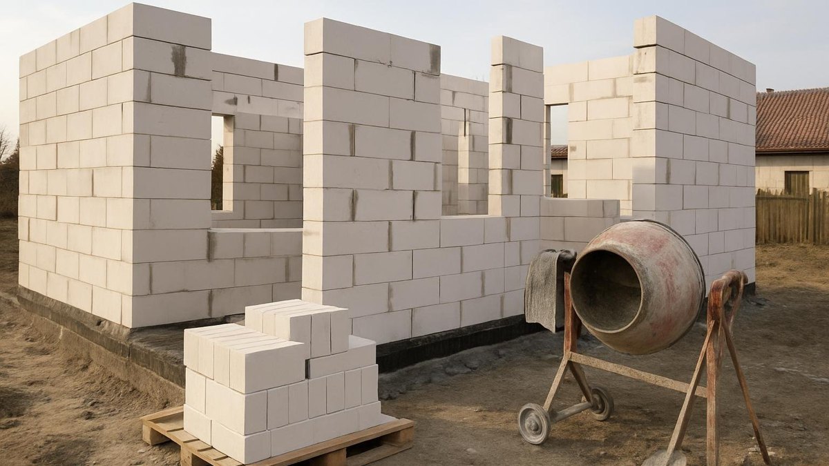 Budowa domu ze ścian z białych bloczków z betonu komórkowego