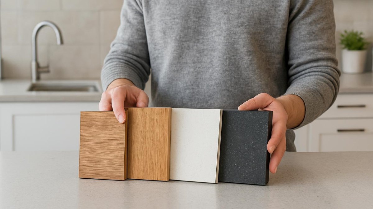 Fragmenty blatów kuchennych: laminat, drewno, konglomerat i spiek obok siebie