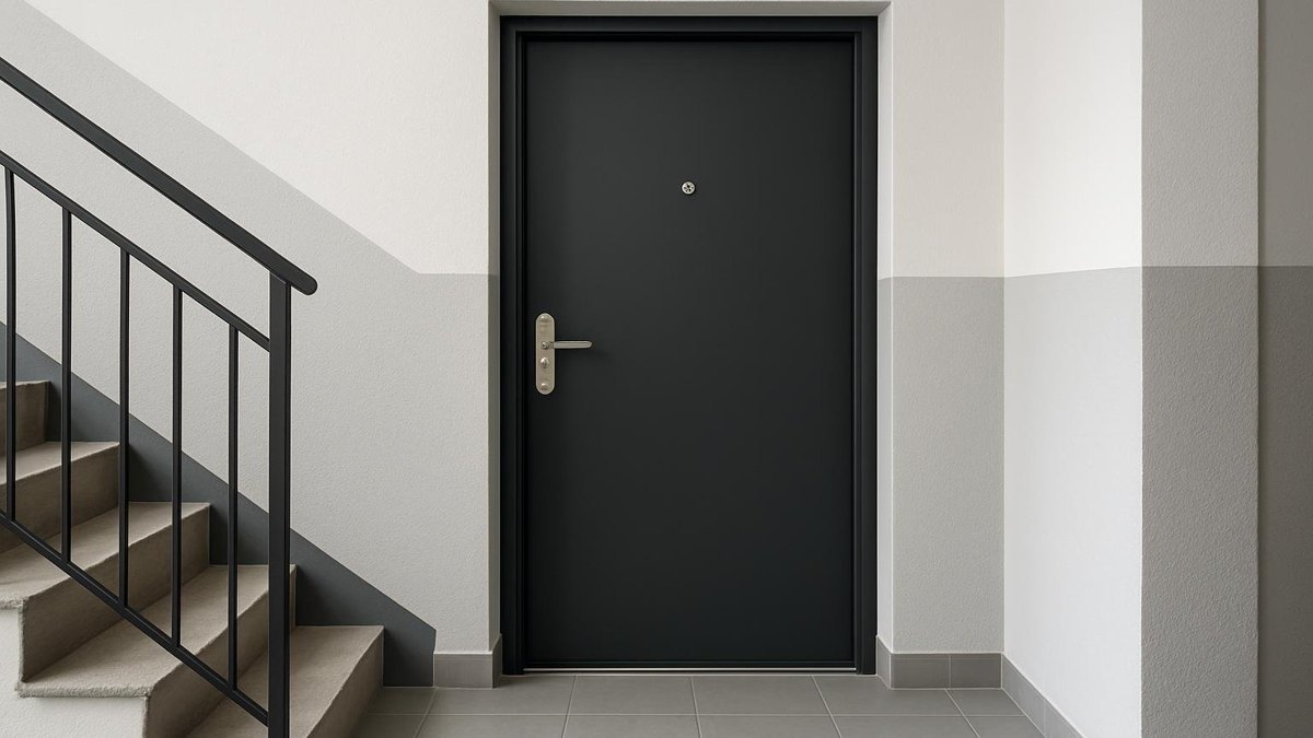Grafitowe stalowe drzwi wejściowe do mieszkania na klatce schodowej