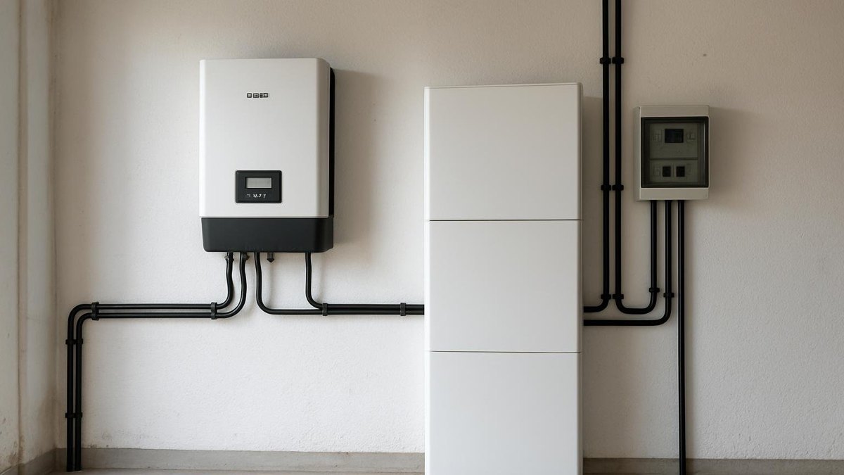 Falownik hybrydowy z magazynem energii na ścianie garażu