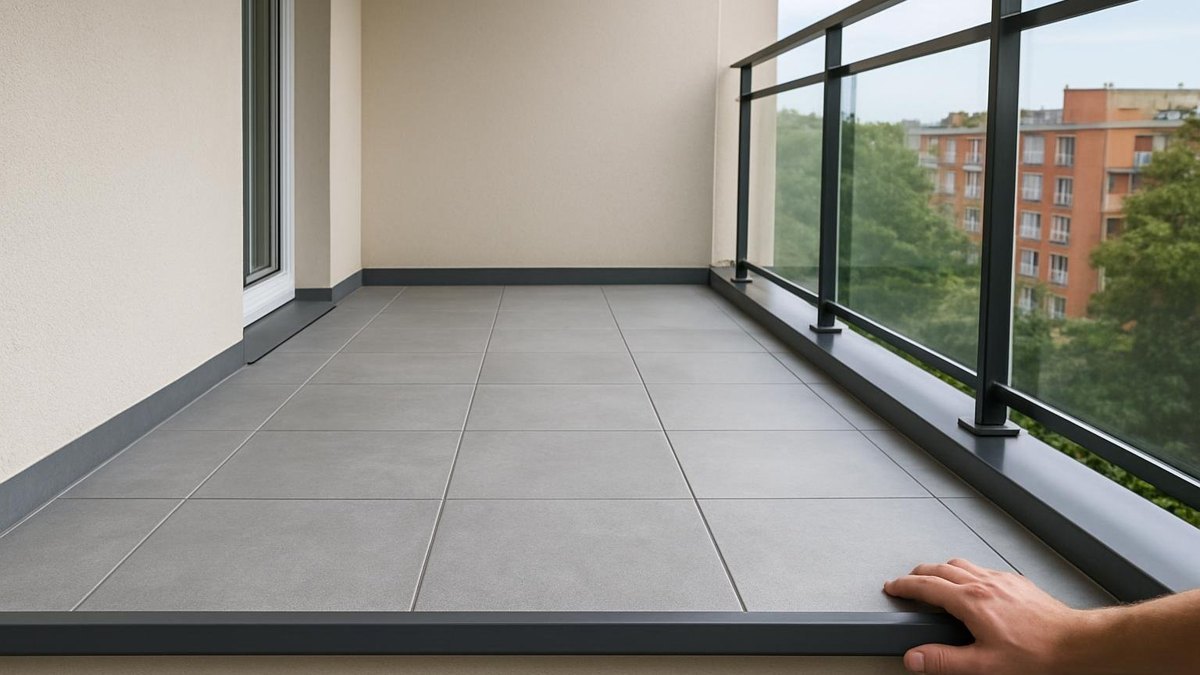 Balkon po remoncie z mrozoodpornymi płytkami i okapnikiem