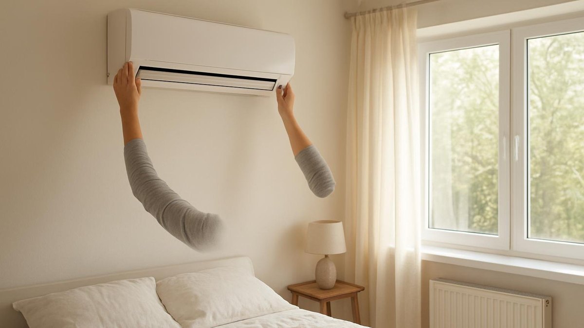Jednostka wewnętrzna klimatyzatora typu split nad oknem w sypialni