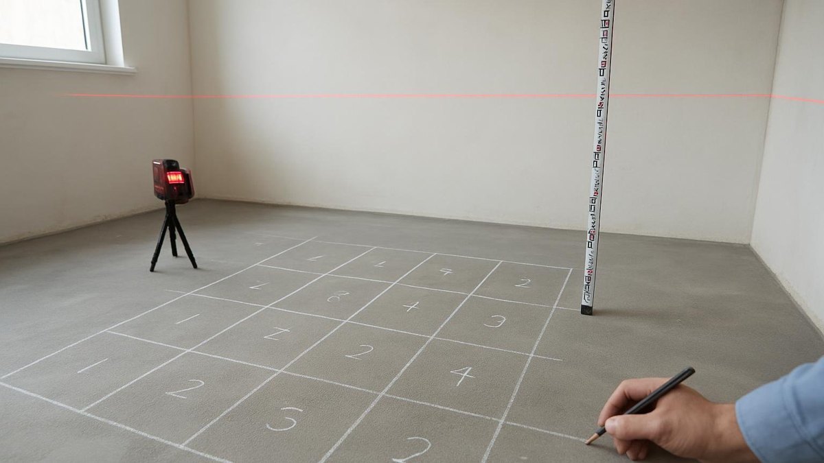 Siatka pomiarowa na posadzce i laser rzucający linię poziomą