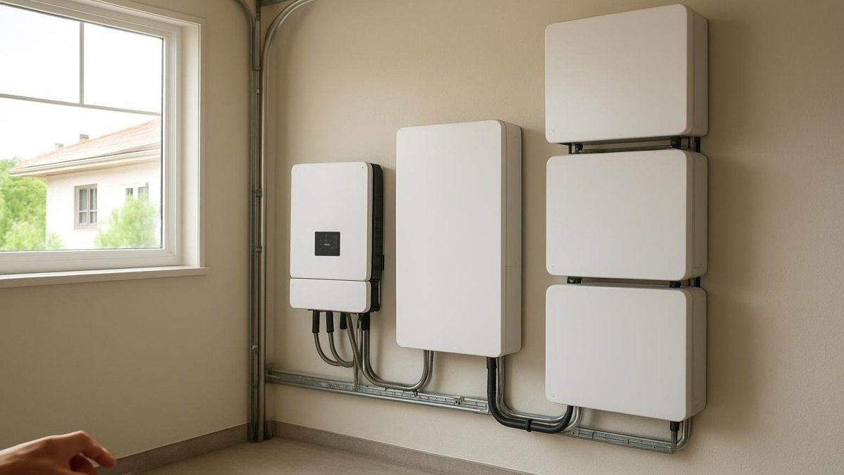 Domowy magazyn energii i falownik hybrydowy zamontowane na ścianie garażu