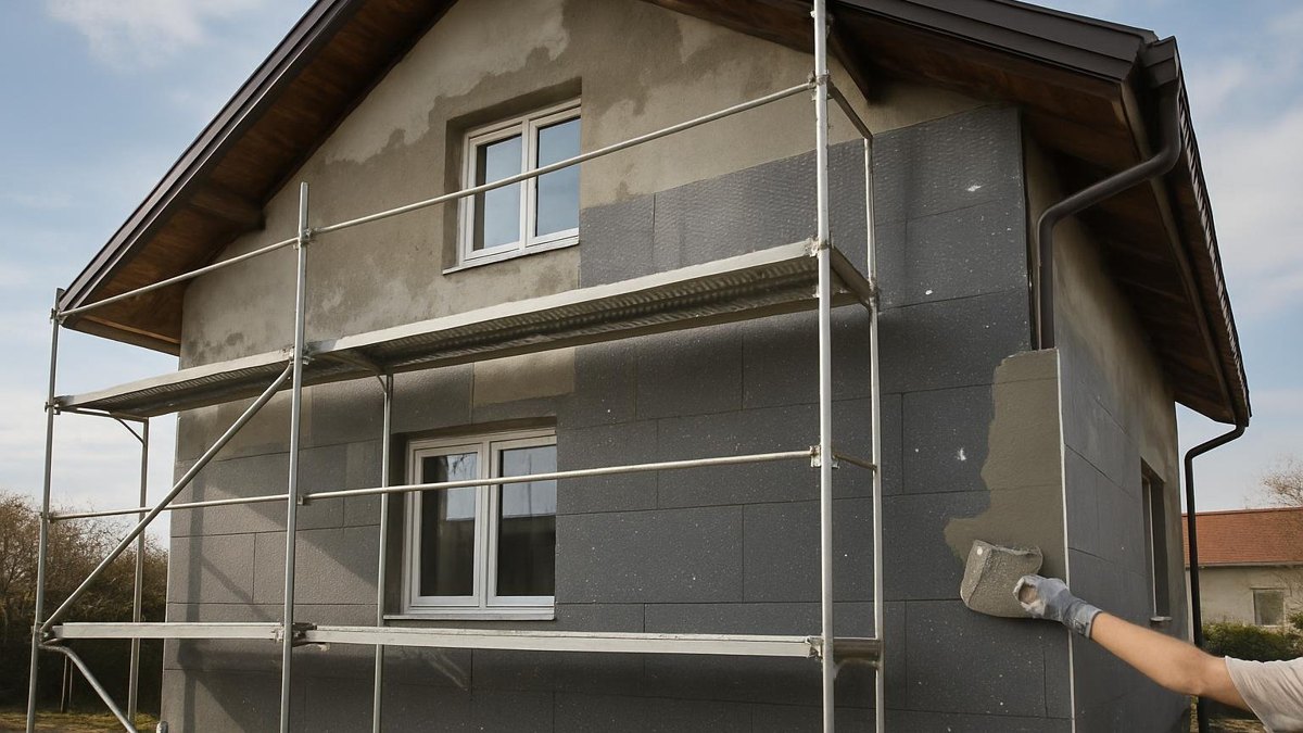 Ocieplanie elewacji domu płytami styropianu grafitowego na rusztowaniu
