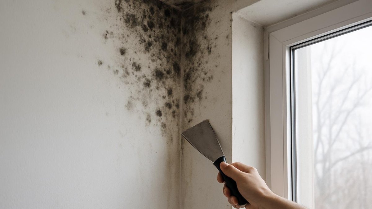 Czarna pleśń w górnym narożniku ściany przy oknie