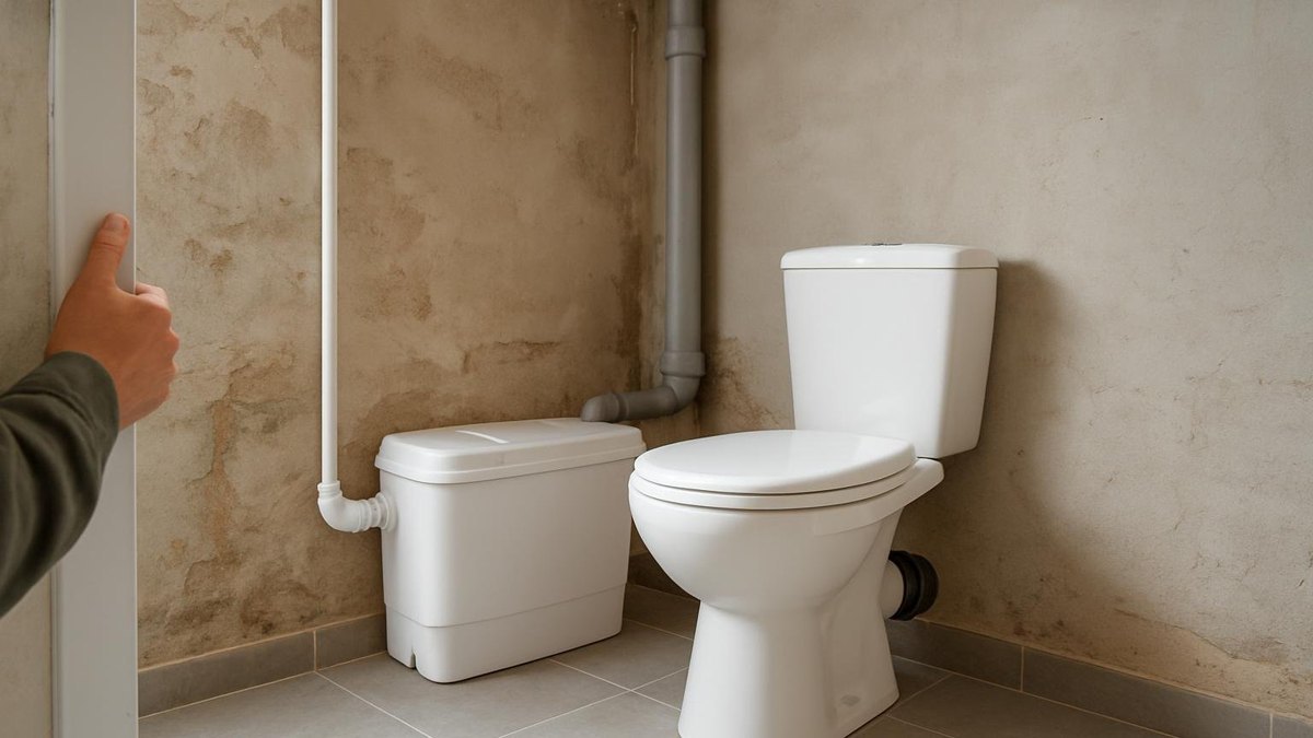 Łazienka w piwnicy z kompaktową przepompownią za WC
