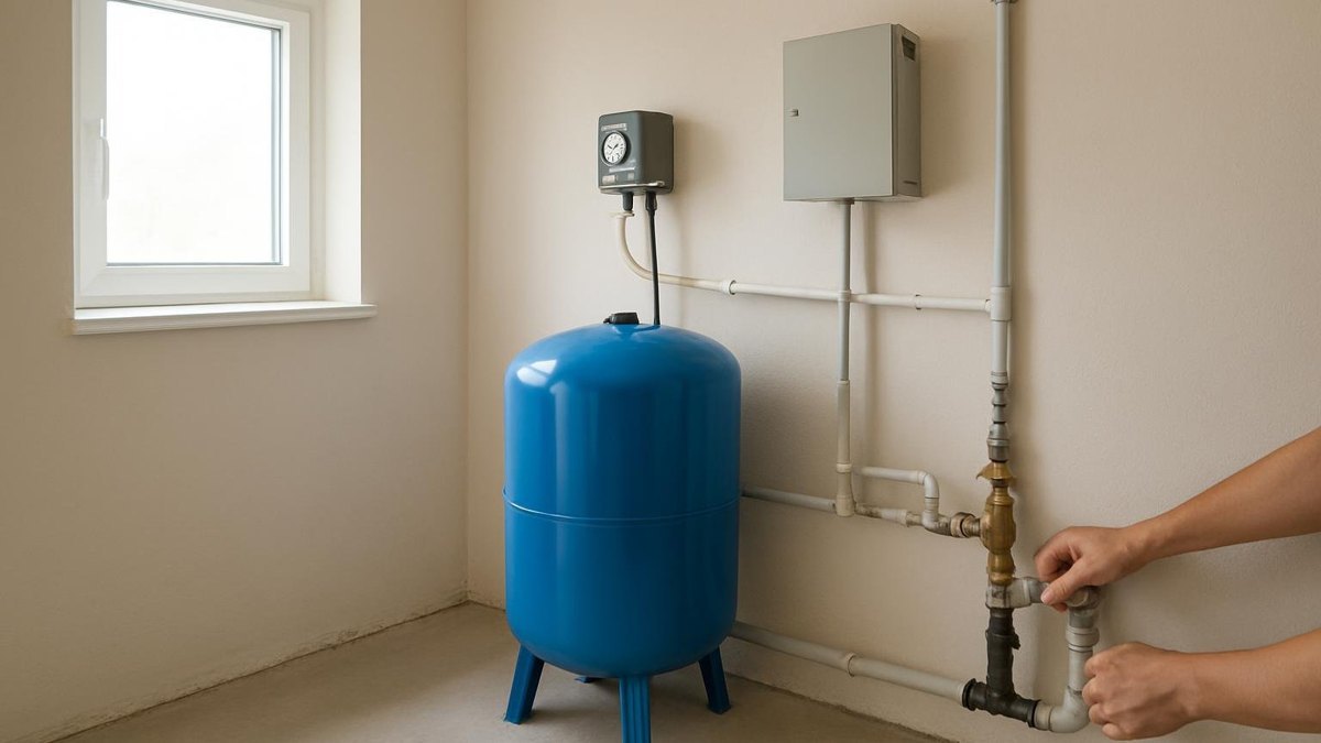 Hydrofor z presostatem i manometrem w pomieszczeniu technicznym