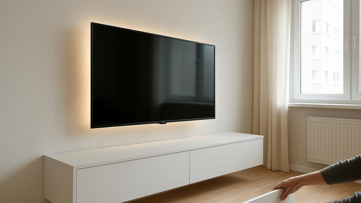 Ściana z telewizorem bez widocznych kabli i niską szafką RTV