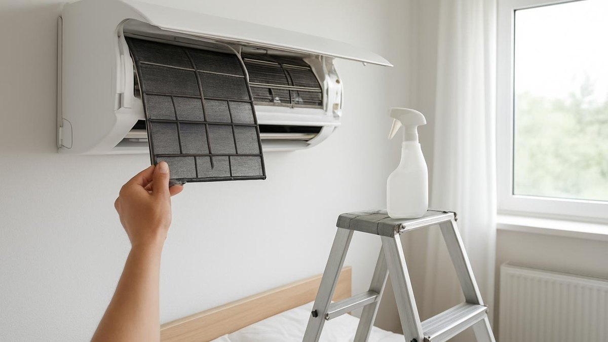 Klimatyzator ścienny z otwartym panelem i wyjętymi filtrami