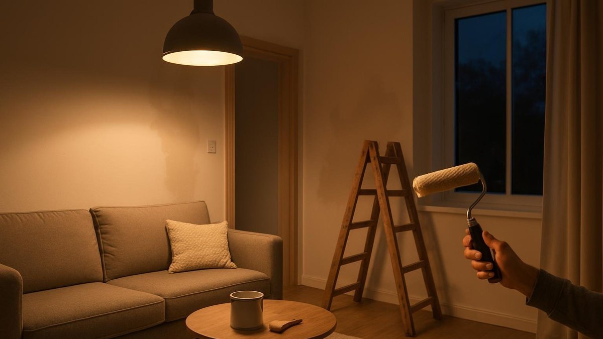Mrugająca lampa sufitowa w salonie wieczorem