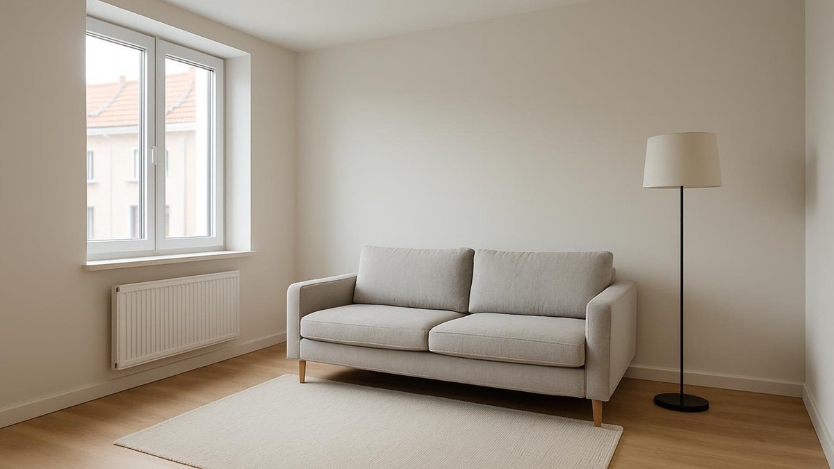 Odnowiony salon z kanapą, lampą i dywanem, czekający na kolejne meble