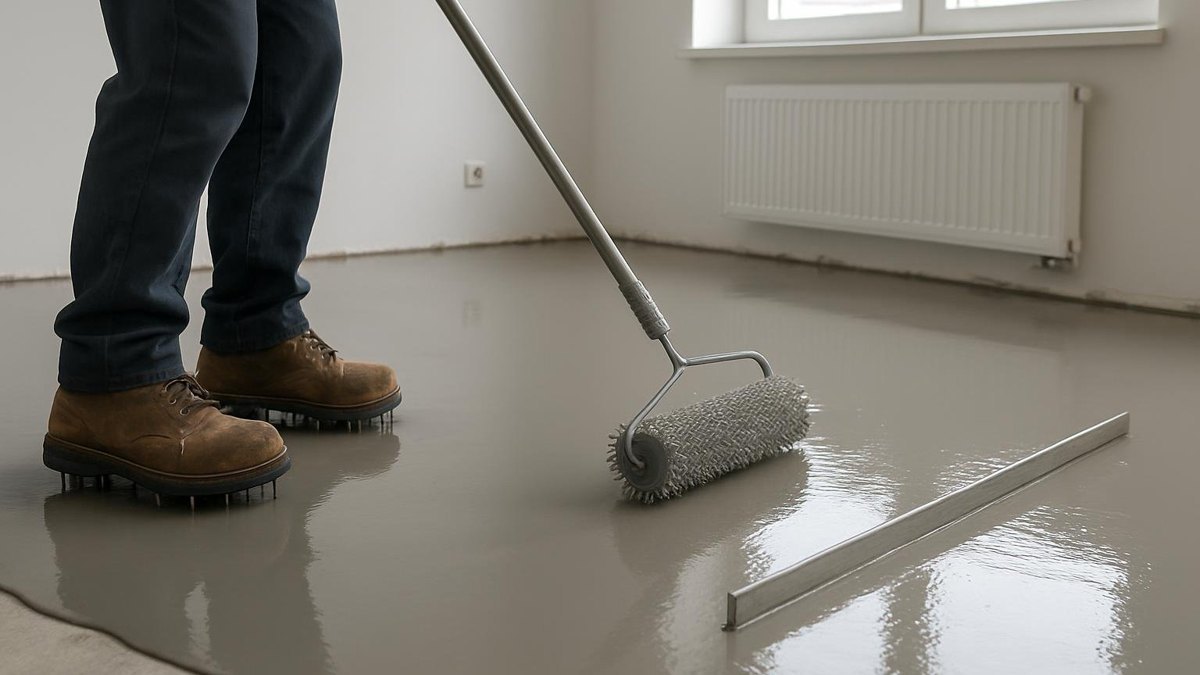 Świeżo wylana masa samopoziomująca rozlewająca się po podłodze pokoju