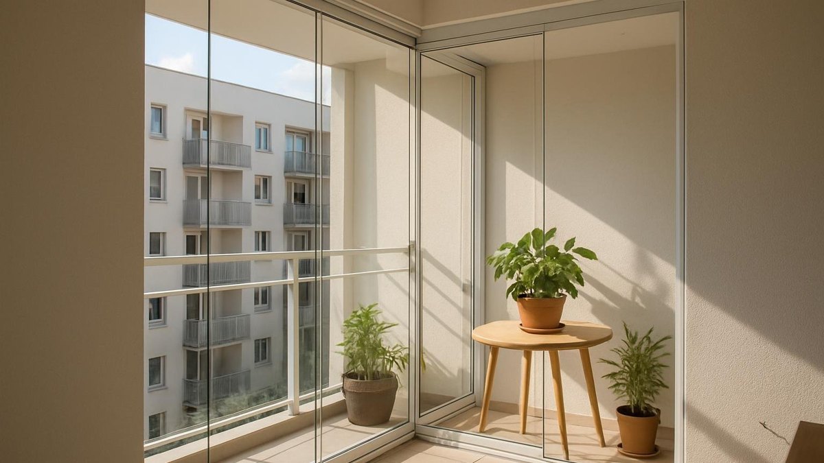 Balkon w bloku zabudowany przesuwnymi szybami bezramowymi