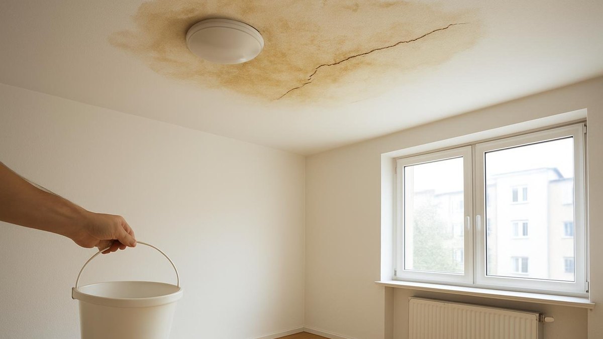 Żółty zaciek i pęknięcie na suficie po zalaniu przez sąsiada