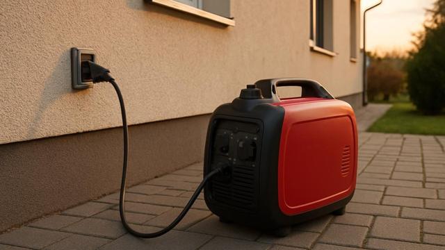 Agregat inwertorowy przed domem podłączony do gniazda zasilania awaryjnego
