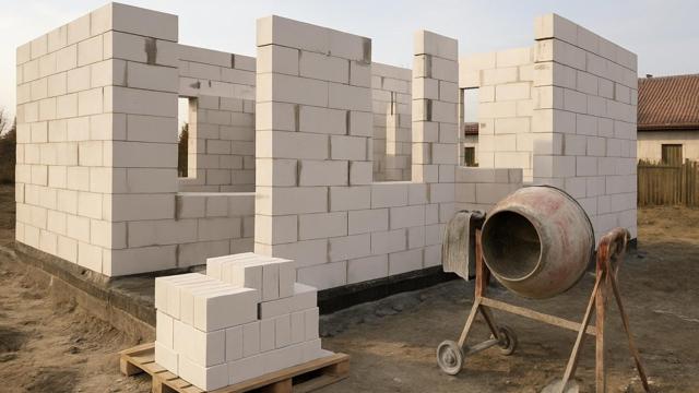 Budowa domu ze ścian z białych bloczków z betonu komórkowego