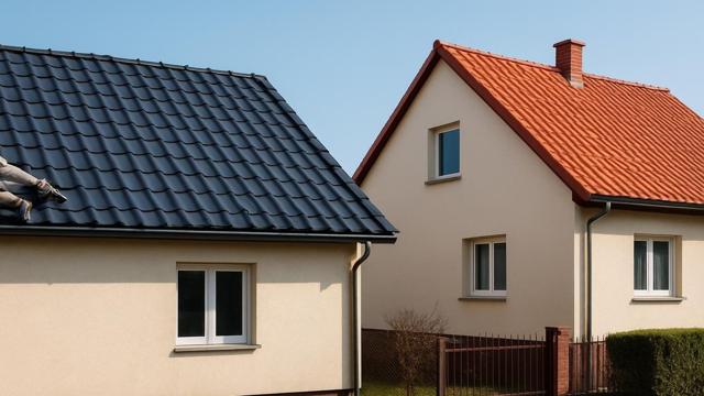 Dach z blachodachówki obok dachu z czerwonej dachówki ceramicznej