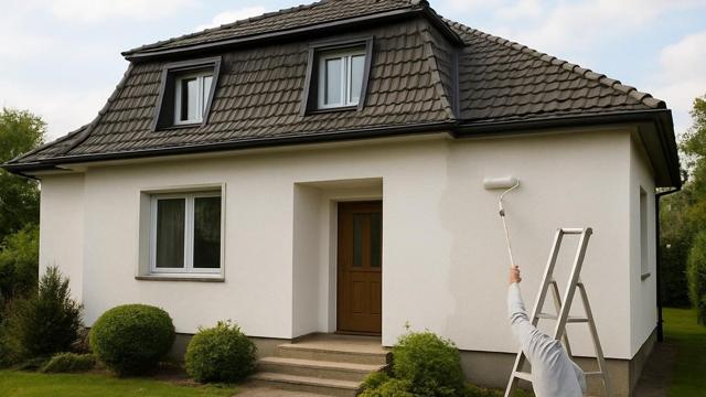Dom z dachem mansardowym z oknami w stromej części połaci