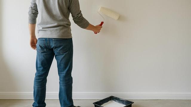 Wałek z przezroczystym gruntem na ścianie przed malowaniem