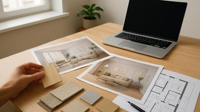 Biurko projektanta z wizualizacjami wnętrza i próbkami materiałów