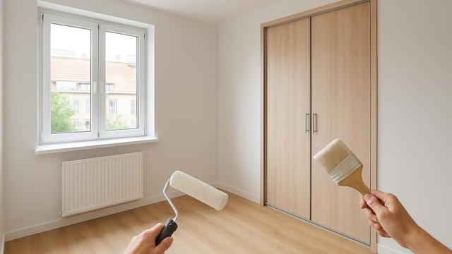 Odnowiony pokój o powierzchni ok. 15 m² z nową podłogą i świeżo pomalowanymi ścianami