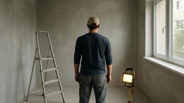Świeżo otynkowana ściana i otwarte okno do wietrzenia pomieszczenia