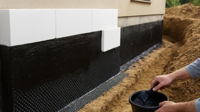 Ściana fundamentowa z czarną izolacją bitumiczną i folią kubełkową