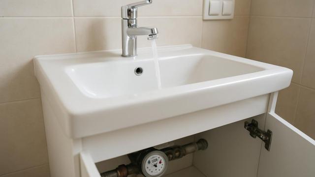Kran z perlatorem i licznik wody pod umywalką