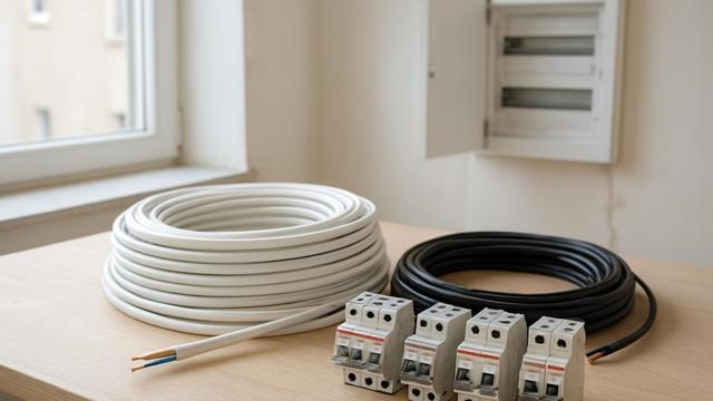 Przewody o różnych przekrojach i wyłączniki nadprądowe na stole elektryka