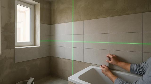 Zielony laser 360° w łazience i pierwsze rzędy płytek na ścianie
