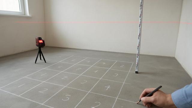 Siatka pomiarowa na posadzce i laser rzucający linię poziomą