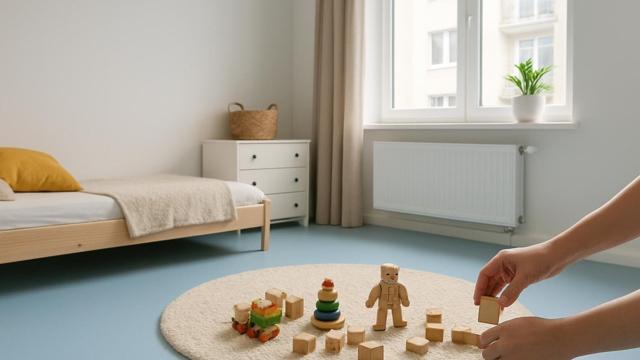 Pokój dziecka z jednolitą jasnoniebieską podłogą z linoleum
