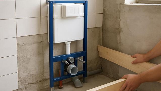 Stelaż podtynkowy WC z podłączoną wodą i kanalizacją przed zabudową