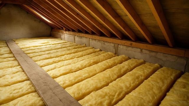 Strych z grubą warstwą wełny mineralnej na stropie i drewnianą kładką