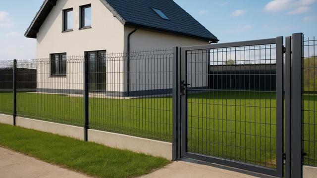 Grafitowe ogrodzenie panelowe z podmurówką przy nowym domu