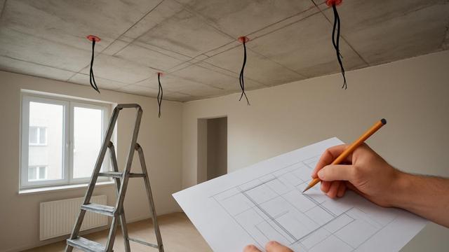 Sufit w remoncie z przewodami do lamp w zaznaczonych punktach