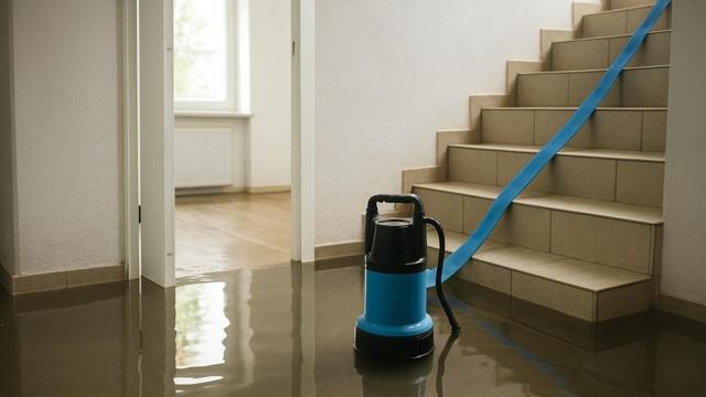 Pompa drenażowa w zalanej piwnicy z wężem płaskim na schodach