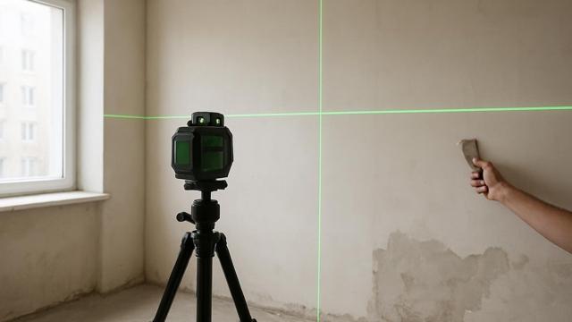 Zielony laser krzyżowy na statywie wyświetlający linie na ścianach