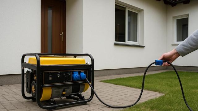 Agregat z gumowym przewodem zasilającym prowadzonym do domu