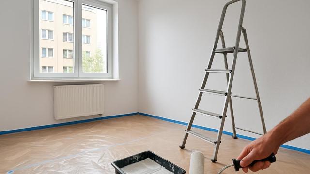 Pokój w trakcie odświeżania z wałkiem, taśmą malarską i drabiną
