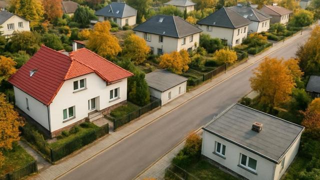 Osiedle domów z dachami o różnych kształtach