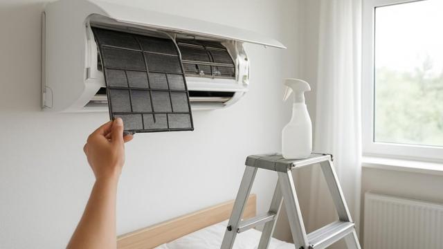 Klimatyzator ścienny z otwartym panelem i wyjętymi filtrami
