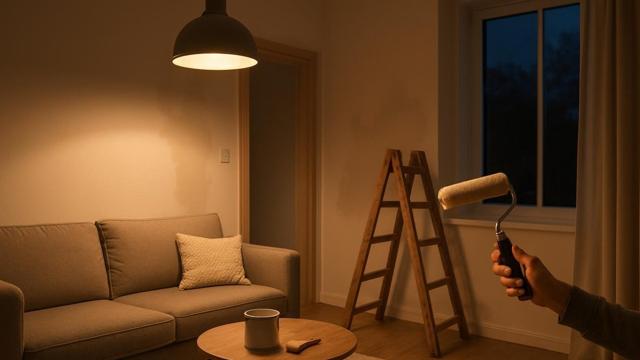 Mrugająca lampa sufitowa w salonie wieczorem