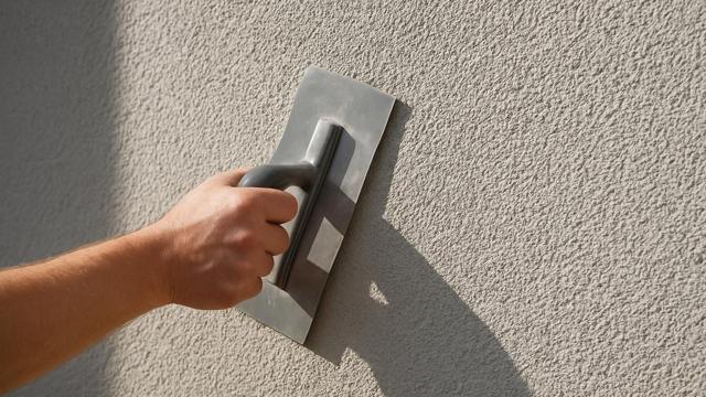 Faktura szarego tynku silikonowego na elewacji w bocznym świetle