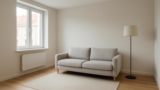 Odnowiony salon z kanapą, lampą i dywanem, czekający na kolejne meble