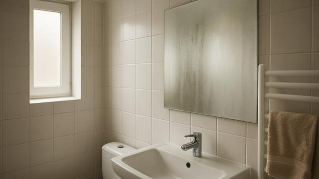 Łazienka bez okna z wentylatorem w suficie i zaparowanym lustrem