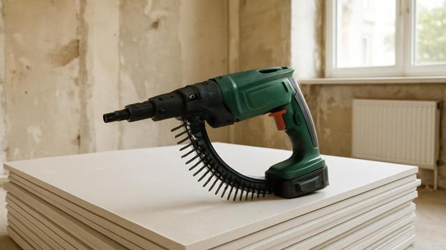 Wkrętarka do płyt g-k z magazynkiem taśmowym na stosie płyt