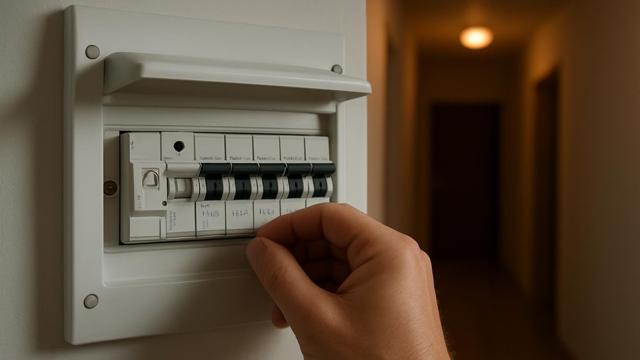 Wyłącznik różnicowoprądowy w pozycji wyłączonej w rozdzielnicy