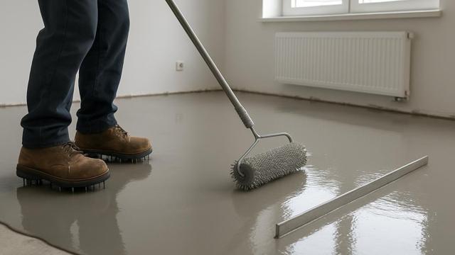 Świeżo wylana masa samopoziomująca rozlewająca się po podłodze pokoju